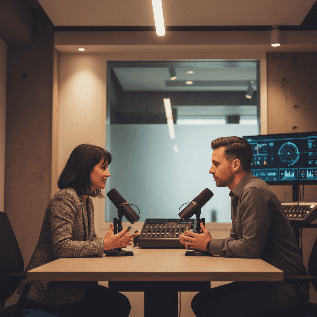 Two professionals in conversation during an AI Series interview
