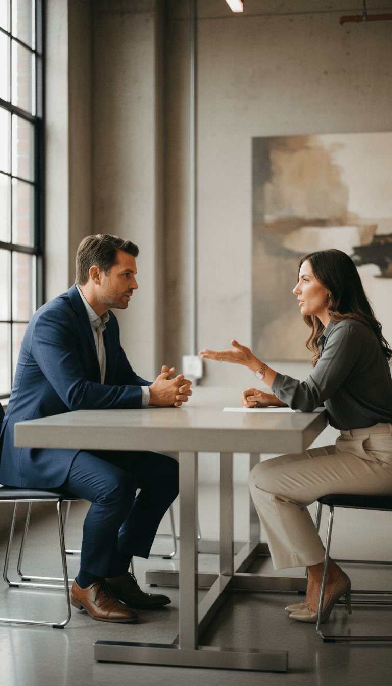 Two professionals in deep conversation during an interview