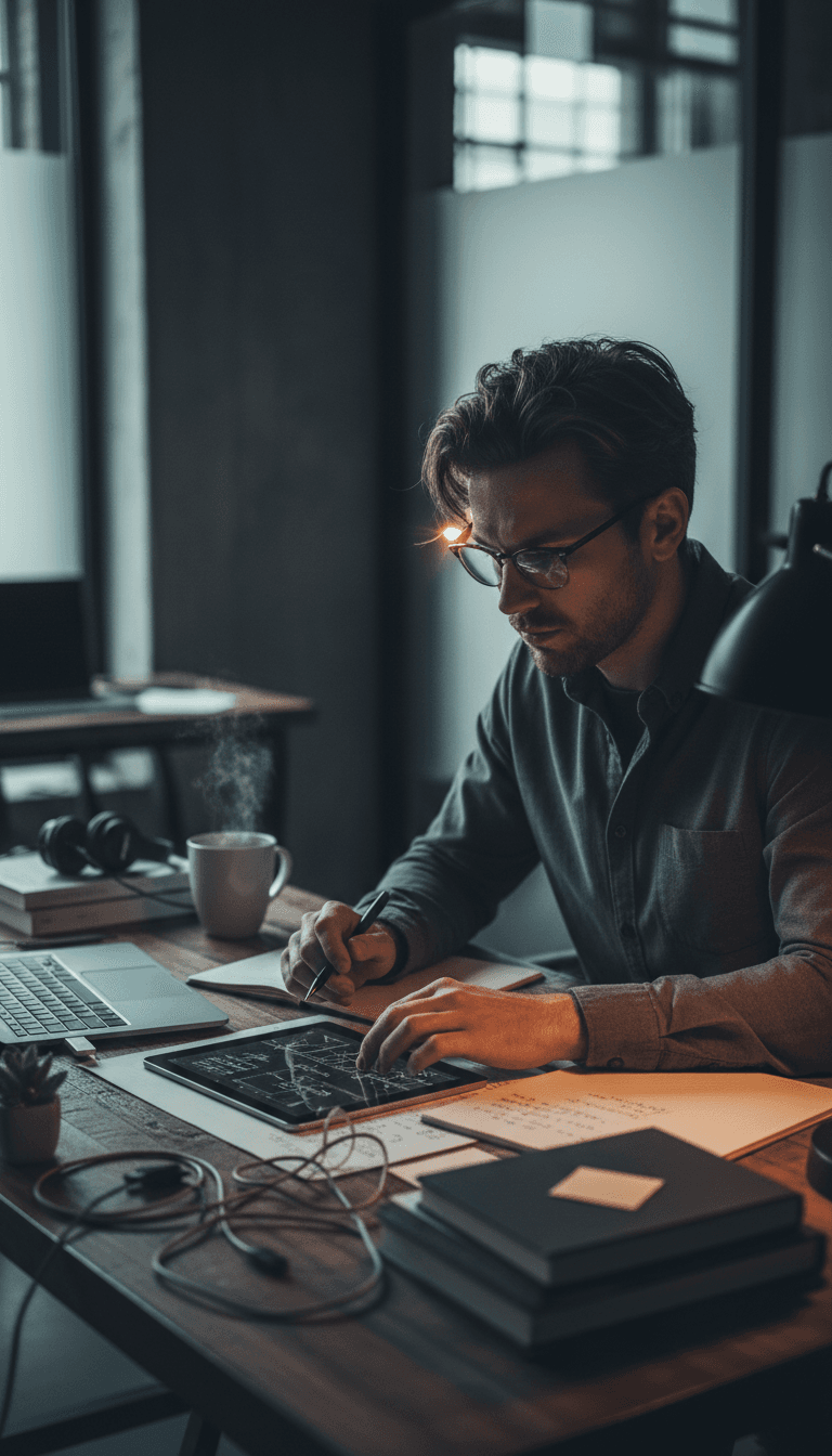 AI researcher in focused moment at workspace