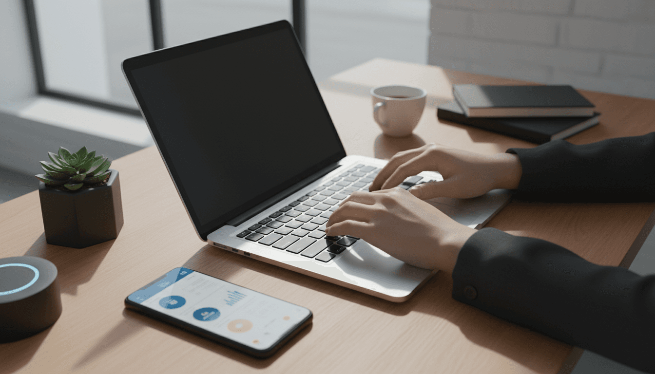 Professional typing at a laptop in a modern, minimalist workspace with natural lighting