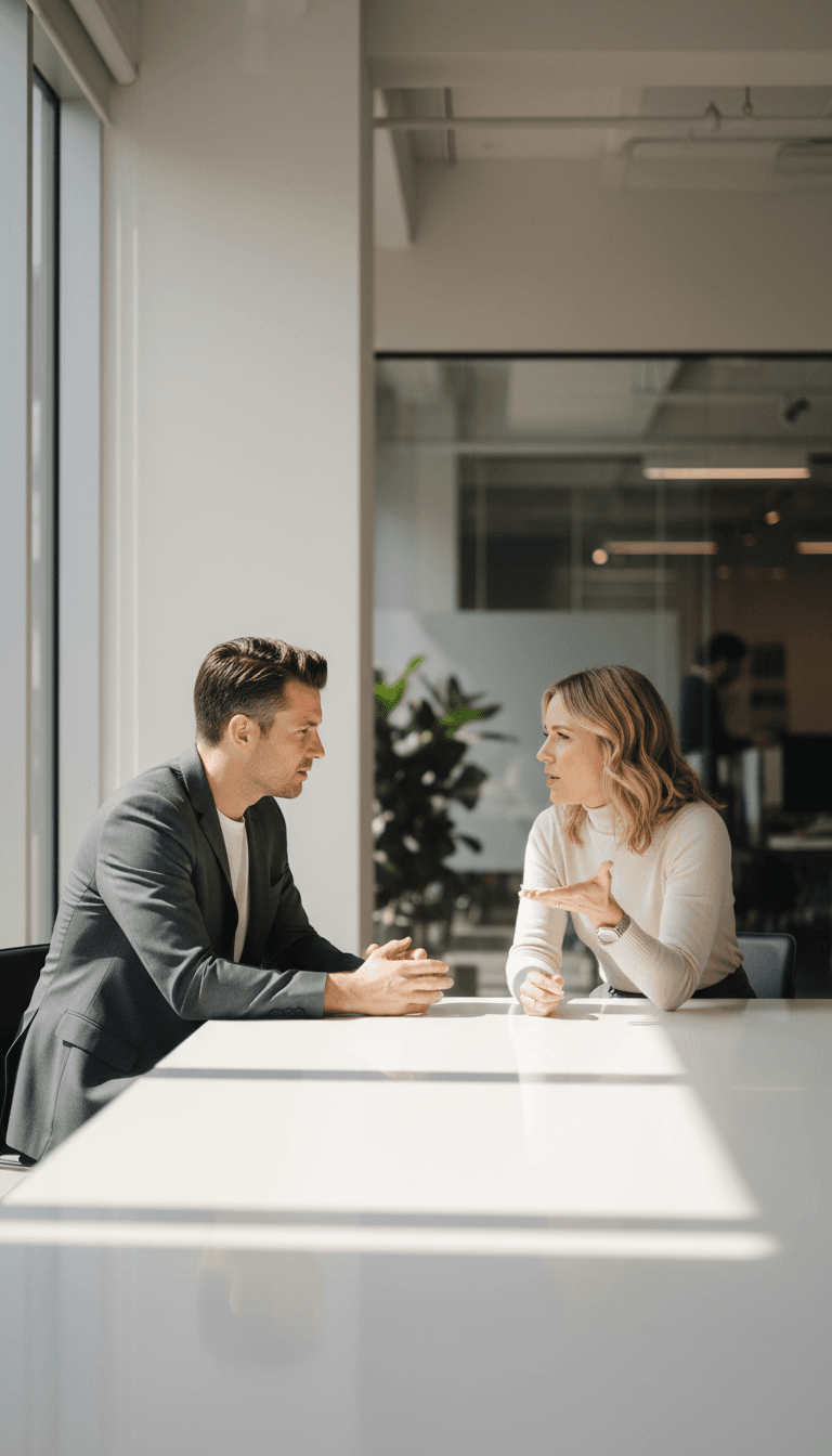 Two professionals in conversation at a minimalist table with natural window light