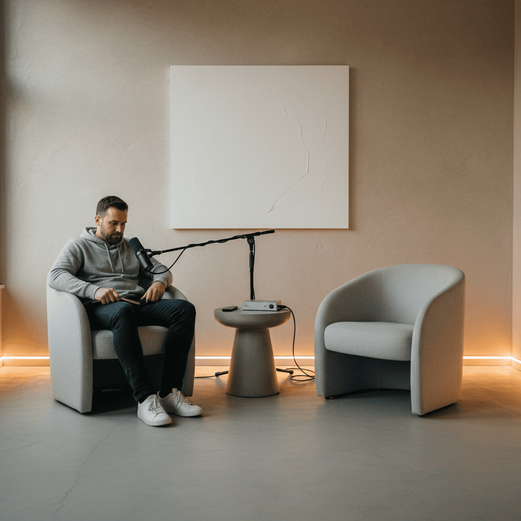 Interview setup with professional lighting and minimalist studio design