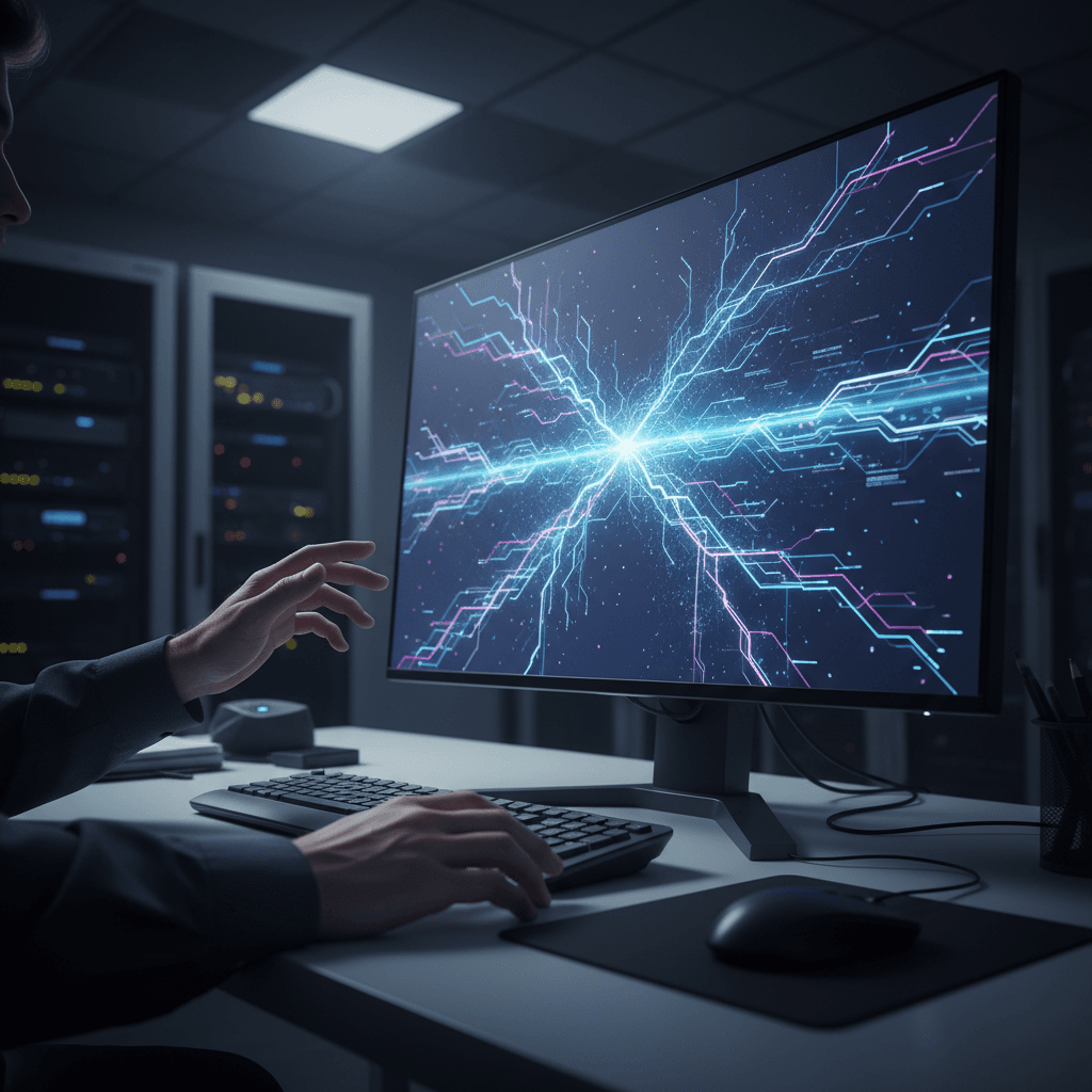 Researcher analyzing neural network visualization on computer display
