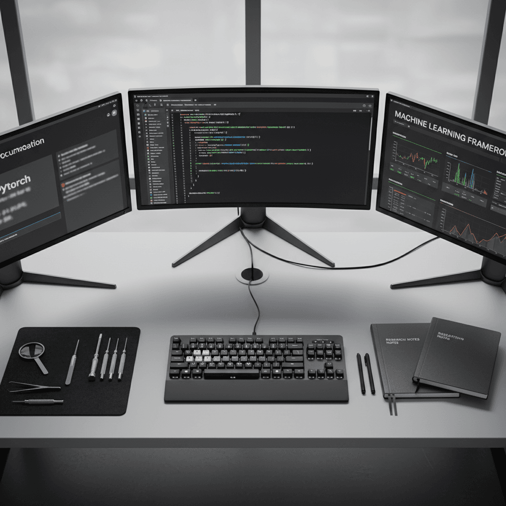 Researcher workspace with multiple monitors showing AI development tools