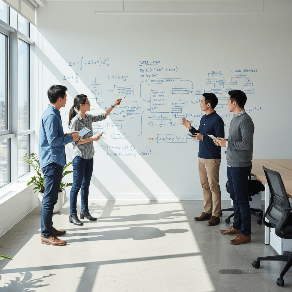 AI engineering team collaborating around whiteboard with technical diagrams
