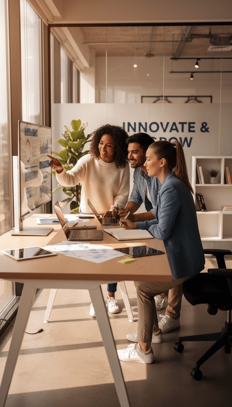 Diverse tech professionals collaborating in modern workspace