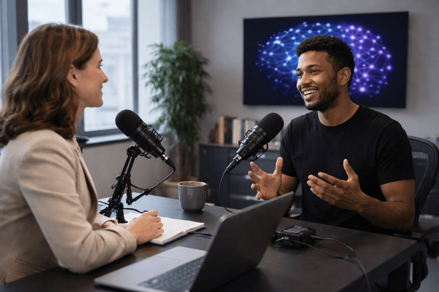 Man and woman recording a podcast in a studio with a glowing brain graphic.