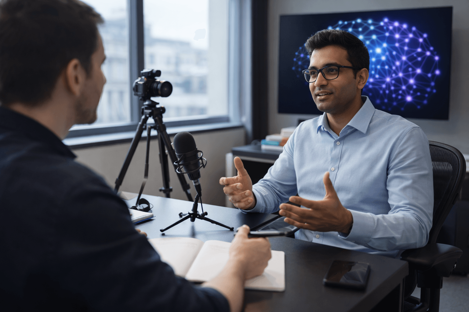 A man in a blue shirt gestures during a podcast interview about artificial intelligence.